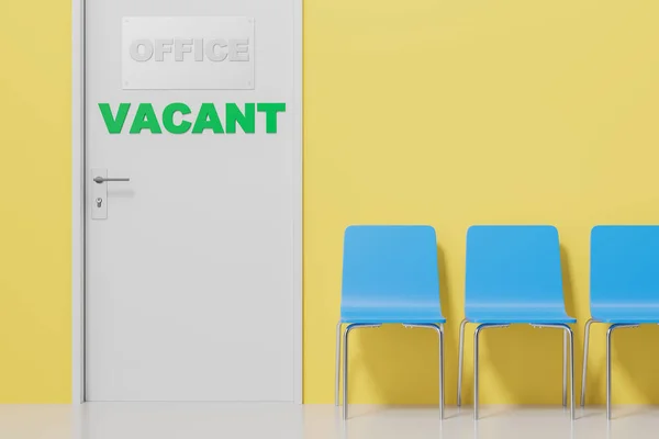 ビジネス廊下の青い椅子の行は 空いている記号を持つオフィスのドア 候補者の概念 3Dレンダリング図 — ストック写真