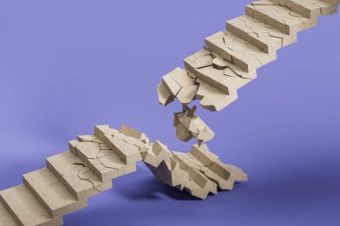 Mor arka planda kırık beton merdiven manzarası. Yıkım ve yıkım kavramı. 3d oluşturma