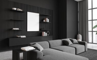 Gri ve ahşap duvarları, beton zemini, rahat gri koltuğu ve üzerinde asılı dikey maket posteri olan şık bir oturma odası. 3d oluşturma