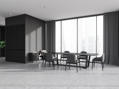 Gri duvarları, beton zemini ve panoramik pencerenin yanında duran gri sandalyeli uzun yemek masasının köşesi. 3d oluşturma