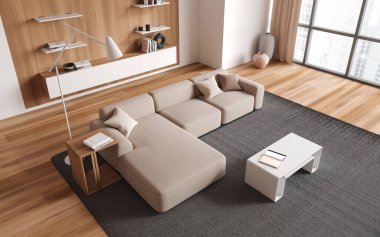 Beyaz ve ahşap duvarları, ahşap zemini, rahat bej koltuğu ve beyaz kahve masası olan modern oturma odasının en üst manzarası. 3d oluşturma