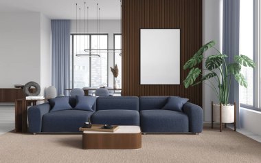 Beyaz ve ahşap duvarları, rahat mavi koltuğu, sehpası ve dikey maket posteri olan şık bir oturma odası. 3d oluşturma