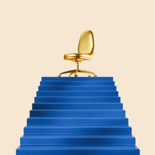 黄色の背景の上に金の椅子が立っている青い階段の眺め キャリアのはしごと成功の概念 3Dレンダリング — ストック写真