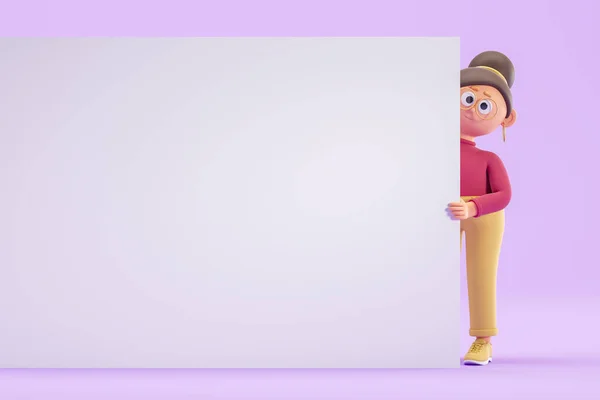 卡通片女商人站在白墙后面 背景是紫色的 广告的概念 3D渲染 — 图库照片