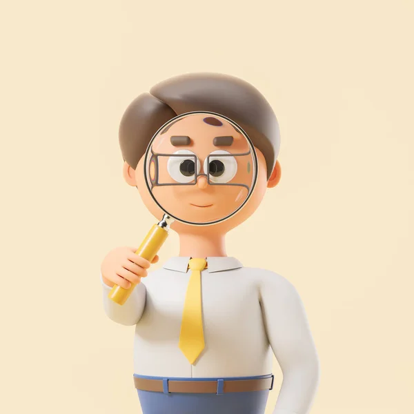 Cartoon Geschäftsmann Mit Großer Lupe Über Gelbem Hintergrund Konzept Der — Stockfoto