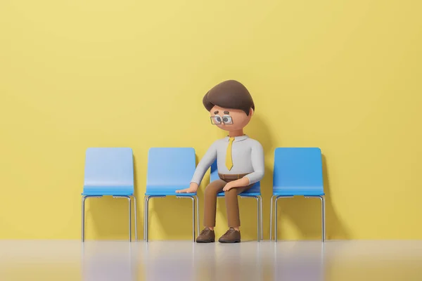 Sarı Duvarın Yanında Mavi Sandalyede Oturan Üzgün Karikatür Işadamının Görüntüsü — Stok fotoğraf