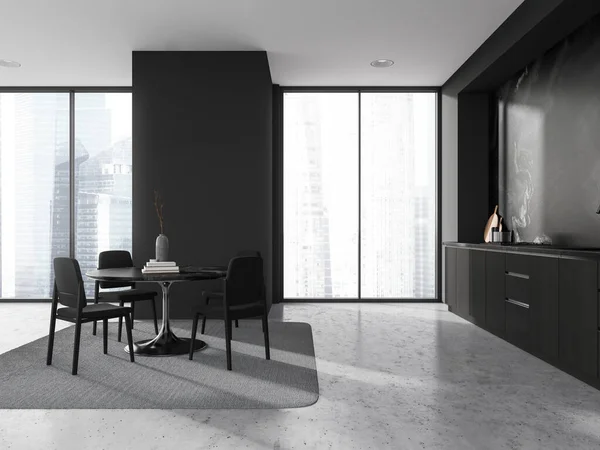 Seitenansicht Der Stilvollen Küche Mit Grauen Und Marmornen Wänden Betonboden — Stockfoto