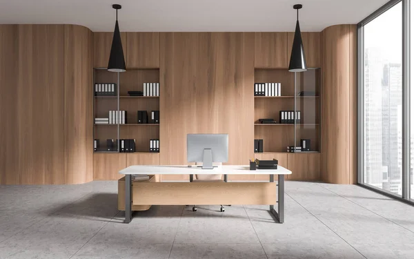 Interior Modern Ceo Office Light Wooden Walls Concrete Floor Computer — Stock Photo, Image