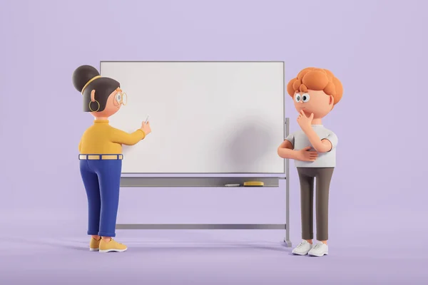 Cartoon student man and woman teacher standing near whiteboard over purple background. Concept of education. 3d rendering