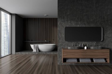 Banyo önü, küvet, ayna, panoramik pencere, lavabo, şampuanlı raf, gri beton duvarlar, meşe ahşap zemin, musluk, havlu. Su arıtma kavramı. 3d oluşturma