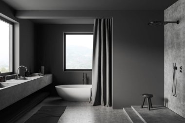 Küvetli ve duşlu karanlık banyo, kırsal manzaralı panoramik pencerenin yanında lavabo. Perdeler ve tabure gri beton podyumda. 3B görüntüleme