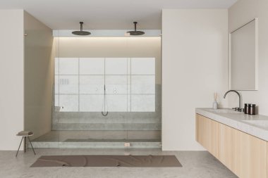 Banyo içi lavabo ve cam bölmenin arkasında duşlar, ahşap şifonyer. Gri beton zeminde tabure ve ayak havlusu. 3B görüntüleme