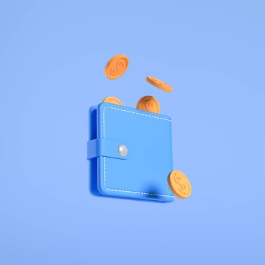 Mavi cüzdan ve altın paralar düşüyor. Para, ödeme ve gelir kavramı. 3B görüntüleme