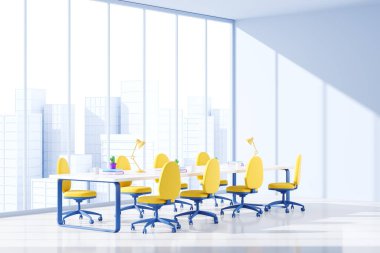 Sarı koltuklu ve araçlı karikatür konferansı, yan görüş. Buluşma konsepti. Gökdelenlerin panoramik penceresi. 3B görüntüleme