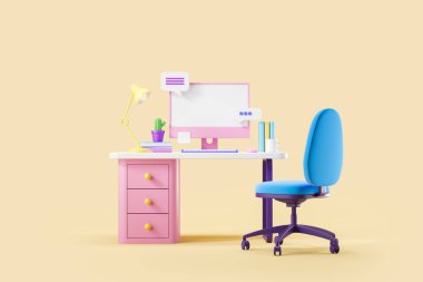 Koltuklu ve çalışma masalı çizgi film çalışma alanı sohbet mesajlı bilgisayar, sarı arkaplan. Merkez ofis kavramı. Uzay ekranını kopyala. 3B görüntüleme