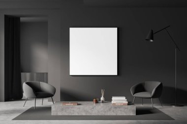 İçinde iki koltuk ve lamba, sanat süslemeli kahve masası, gri beton zeminde halı olan koyu renk bir iç mekan. Tuvalin kare posterini düzenle. 3B görüntüleme