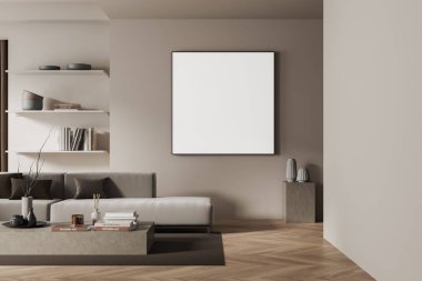 İçinde kanepe, sehpa ve dekorasyonlu raf ve ahşap döşemeli halı olan bej bir oturma odası. Boş kare posteri yap. 3B görüntüleme