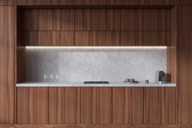 Ahşap mutfak, ocak ve minimalist mutfak gereçleri. Kahve makinesi, fincanlar ve şarap bardakları. Otel dairesinde modern yemek pişirme alanı. 3B görüntüleme