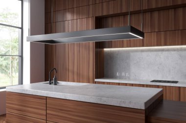 Parlak mutfak odasının iç kısmının köşesini kapatın. Ada, dolap, beyaz duvar, panoramik pencere, ahşap zemin, çanak çömlek. Minimalist tasarım kavramı. 3d oluşturma