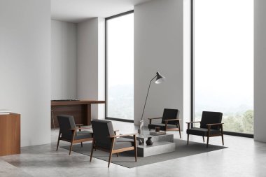 Beyaz stüdyo içi koltuklar ve halı süslemeli kahve masası. Bar adası olan mutfak, yan görüş, kırsal alanda panoramik pencere. 3B görüntüleme