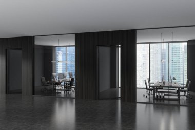 Koltuklar ve bilgisayar ile birlikte çalışan masa, yan görüş, cam kapılar. Singapur manzaralı panoramik pencereli bir iş yeri. 3B görüntüleme