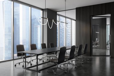 Karanlık ofis içi, panoramik pencereli, Singapur şehir manzaralı, koltuklu, cam kapılı ve beton zeminli bir pano. Buluşma yeri kavramı. 3d oluşturma
