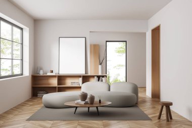 Beyaz oturma odasının içinde kanepe ve halıda sehpa ve ahşap zemin. Sanat dekorasyonu ve kitapları olan bir çekmece, tropik bölgelerde panoramik pencere. Tuvalin maketi posteri. 3B görüntüleme