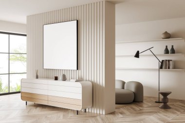 Parlak oturma odasının iç tarafında boş beyaz poster, panoramik pencere, raflar, bölme, büfe, ahşap döşeme. Minimalist tasarım kavramı. Model yap. 3d oluşturma