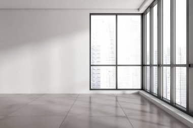 Singapur manzaralı panoramik pencereli beyaz boş ofis odası. Açık mermer döşeme. Model boş duvar. 3B görüntüleme