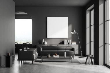 Karanlık ofis, soğuk alan, kanepe ve koltuk. Arkaplanda konferans odası kırsal alanda panoramik pencerenin yanında. Süslü giyinen. 3B görüntüleme