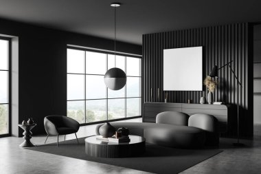 Karanlık oturma odasının iç tarafında boş beyaz poster, panoramik pencere, büfe, kanepe, koltuk, kahve masası, beton zemin. Minimalist tasarım kavramı. Model yap. 3d oluşturma