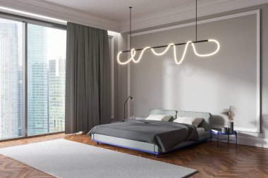 Yatak odasının içi aydınlık, dekoratif komodinli, yan manzaralı, ahşap döşemeli halı. Singapur 'da panoramik pencere. Lamba ve model boş duvar. 3B görüntüleme