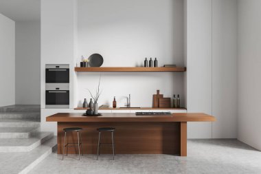 Beyaz mutfak içinde sandalyeler ve bar tezgahı, merdivenler ve gri beton zemin. Güvertede dekorasyonlu mutfak eşyaları var. 3B görüntüleme