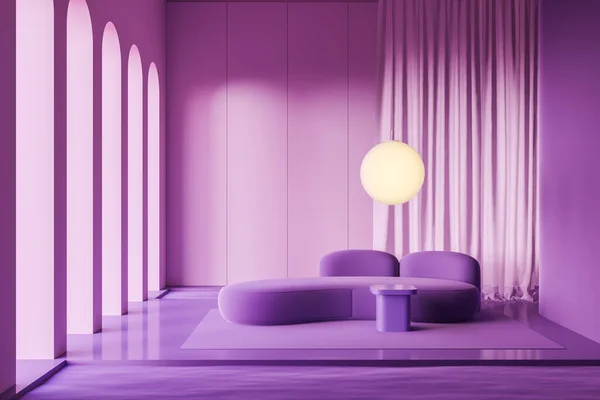Purple abstract living room interior with sofa and coffee table on carpet, arch windows and curtains. Concept of chill area. Copy space, 3D rendering