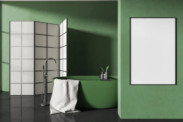 Πρόσοψη Σκούρο Εσωτερικό Μπάνιο Μπανιέρα Κενή Λευκή Αφίσα Χώρισμα Πράσινοι — Φωτογραφία Αρχείου