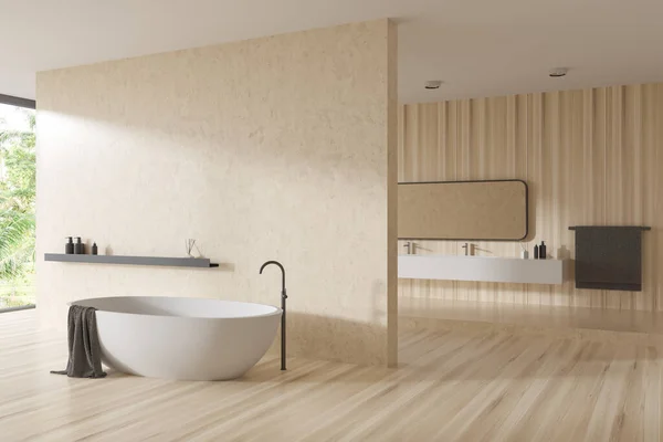 有浴缸 全景窗 洗发水架子 白色混凝土墙 橡木地板 水龙头 毛巾等明亮浴室内部的角落景观 水处理的概念 3D渲染 — 图库照片