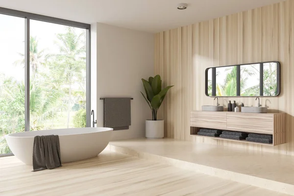 Eckblick Auf Helle Badezimmereinrichtung Mit Badewanne Spiegel Panoramafenster Waschbecken Regal — Stockfoto