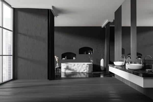 现代化的浴室内部与双水池和浴缸与浴室配件 全景窗口在新加坡的城市景观 复制空白的墙壁 3D渲染 — 图库照片