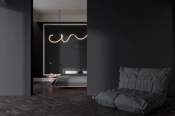Black Bedroom Interior Soft Armchair Sleeping Area Nightstand Hardwood Floor — Stock Photo, Image