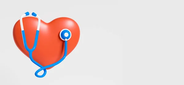 Gri Boş Arkaplanda Büyük Kırmızı Bir Kalp Steteskop Tıp Muayene — Stok fotoğraf
