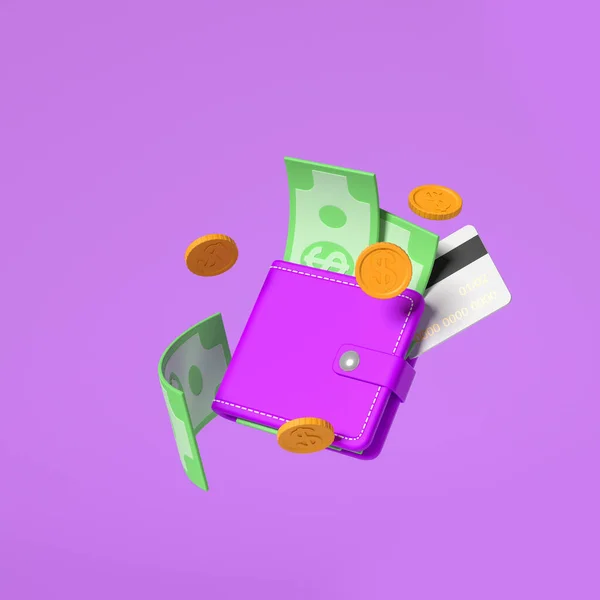 Бумажник Плавающими Монетами Зелеными Банкнотами Кредиткой Фиолетовом Фоне Концепция Сбережений — стоковое фото