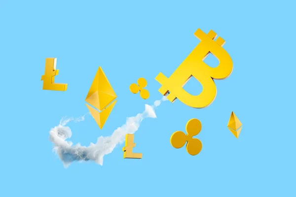 Diversos Iconos Criptomoneda Dorada Sobre Fondo Azul Bitcoin Despegando Concepto —  Fotos de Stock