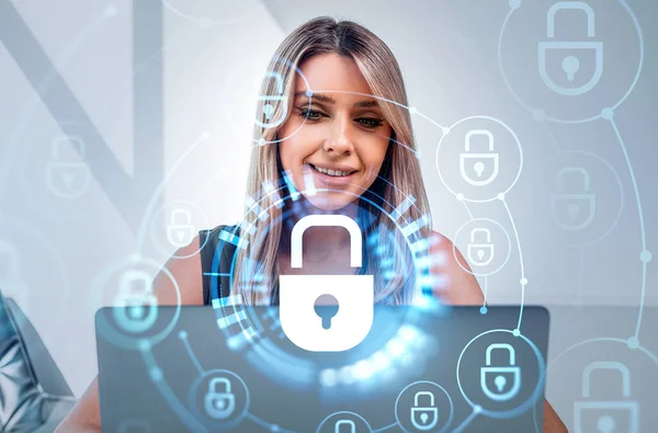 Businesswoman smiling portrait working with laptop, security lock chain and hologram with digital icons. Worldwide cybersecurity and digital information protection. Concept of privacy