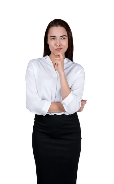 Bizneswoman Uśmiechnięta Troskliwa Portret Menedżer Tworzący Plany Pomysły Odizolowany Białym — Zdjęcie stockowe