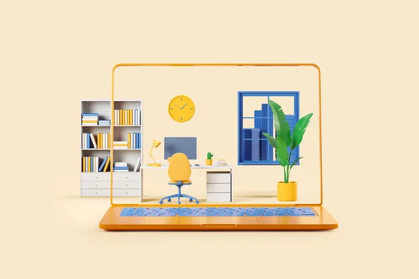Laptop screen and cartoon home office interior with pc computer and panoramic window with abstract city view. Concept of remote work. 3D rendering