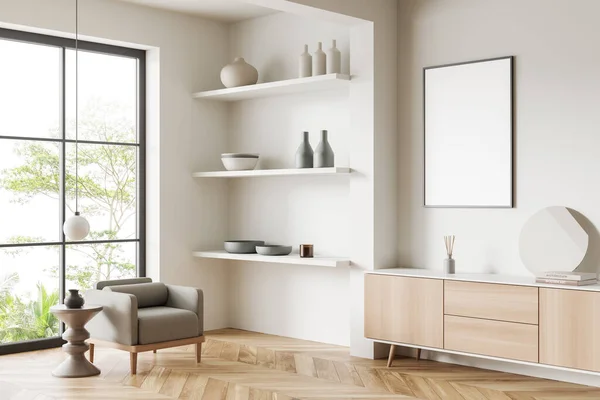 Weißer Sessel Und Regal Wohnzimmer Seitenansicht Schublade Mit Kunstdekoration Hartholzboden — Stockfoto