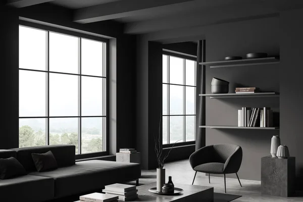 Eckblick Auf Dunkle Wohnzimmereinrichtung Mit Couchtisch Sofa Sessel Bücherregal Graue — Stockfoto