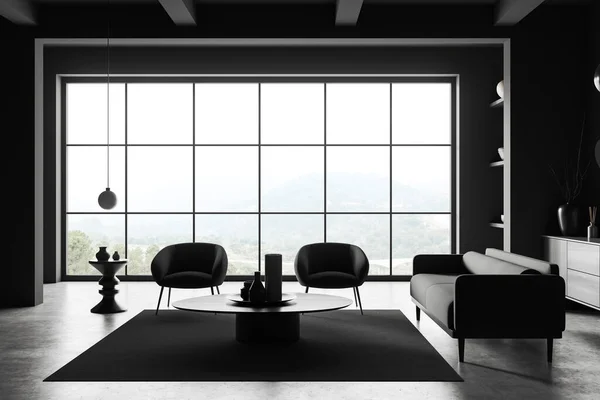 黑暗的客厅内饰有沙发和两张扶手椅 靠近乡间的全景窗户 咖啡桌和有装饰的架子 灰色混凝土地板上的地毯 3D渲染 — 图库照片