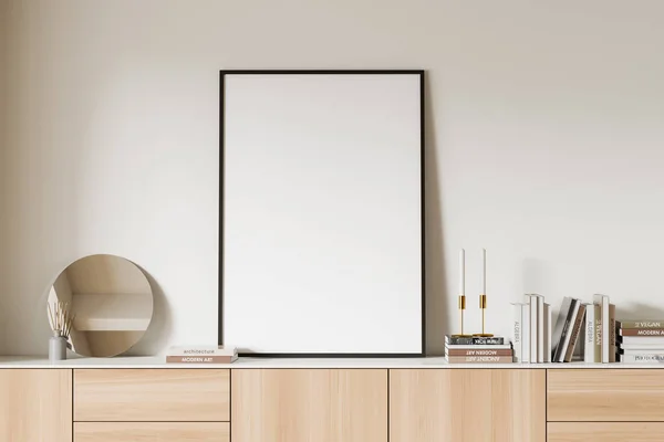 前景色明亮的客厅内部 空白的白色海报在餐具柜上 书籍和圆形的镜子 白色的墙壁 简约设计的概念 3D渲染 — 图库照片