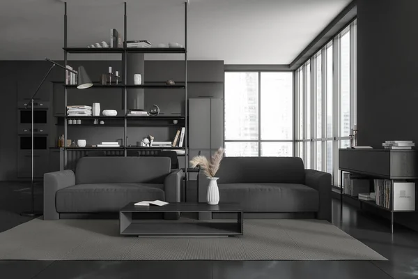 Donker Studio Interieur Met Sofa Kookruimte Met Keukengerei Plank Lade — Stockfoto